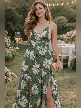 ASTR The Label Green Floral Maxi Dress  Wedding Guest Party Event Size S-M
